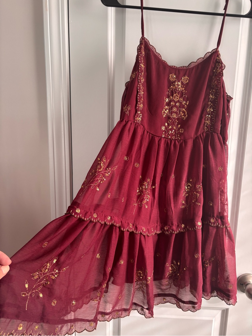 Burgundy Floral Embroidered Tiered Dress